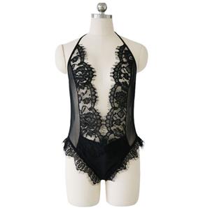 Sexy Black Halter Straps See-through Deep V Backless Lace Trims Bodysuit Teddy Lingerie N20686