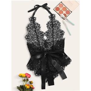 Sexy Black See-through Lace Halter Straps Deep V Bowknot Bodysuit Teddy Lingerie N20719