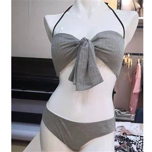Sexy Grey Halter Type Knot Bra Top Beachwear High Waist Bikini Set BK21120