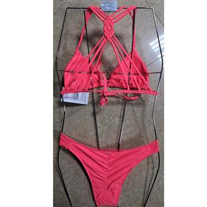 Sexy Rose-red Halter Type Bandage Knot Bra Top Beachwear Three-Point Bikini Set BK21124