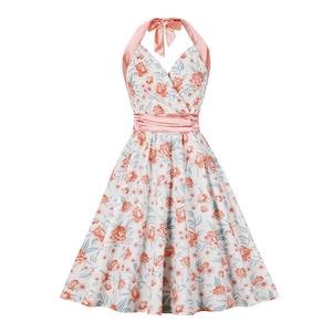 1950s Sexy Halter Neck Surplice Bodice Floral Print High Waist Summer Swing Dress N22087