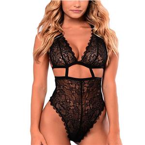 Sexy Black Floral Lace Hollow Out Halter Strappy Deep V One-piece Teddy Lingerie N21003