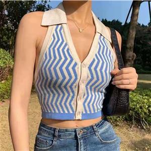 Sexy Blue Halter Stripe Pattern Vest Lapel Low-cut Backless Short Knitting Crop Top N21014
