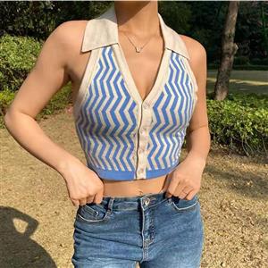 Sexy Blue Halter Stripe Pattern Vest Lapel Low-cut Backless Short Knitting Crop Top N21014
