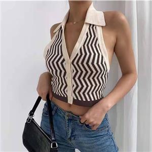 Sexy Brown Halter Stripe Pattern Vest Lapel Low-cut Backless Short Knitting Crop Top N21015