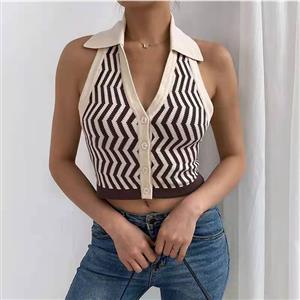 Sexy Brown Halter Stripe Pattern Vest Lapel Low-cut Backless Short Knitting Crop Top N21015