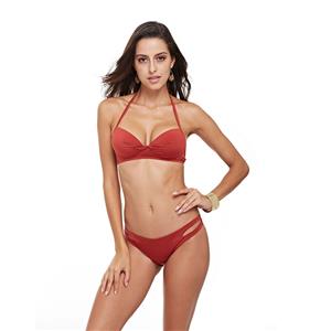 Sexy Red Halter Pucker Two Piece Swimsuit Three-Point Bikini Set BK21080