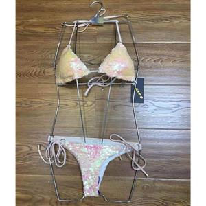 Sexy Shiny Yellow Halter Metal Ring Low Cut Three-Point Bikini Set BK21130