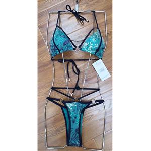 Sexy Print Halter Cutout Metal Ring Low Cut Three-point Bikini Set BK21132