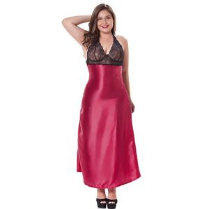 Sexy Wine-Red Halter V Neck Lace Splicing Sleepwear Plus Size Gown N17454