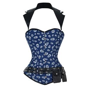 2pcs Halterneck Overbust Corset, Steampunk Corset with Waist Bag, Collar Vest Leather Corset, Sexy Skull Printing Halloween Overbust Corset, Sexy Halter Corset, #N18263