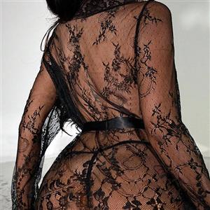 Sexy Black Floral Lace Mesh See-through Lace-up Pyjamsa Lingerie N23045