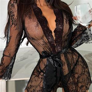Sexy Black Floral Lace Mesh See-through Lace-up Pyjamsa Lingerie N23045