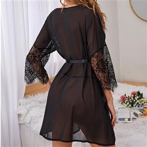 Sexy Black Mesh Lace Long Sleeve See-through Lace-up Pyjamsa Mini Dress Lingerie N23280