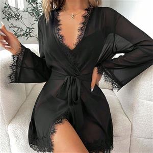 Sexy Black Robe, Sexy Women's Loungewear, Soft Material Robe, Cheap Black Pyjamsa, Lure Black Lace Lingerie, Sexy Black Floral Lace Long Sleeve See-through Lace-up Pyjamsa Mini Dress Lingerie,#N23388