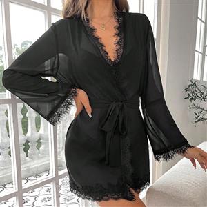 Sexy Black Mesh Lace Long Sleeve See-through Lace-up Pyjamsa Mini Dress Lingerie N23388