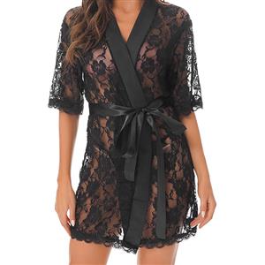 Sexy Black Robe, Sexy Women's Loungewear, Soft Material Robe, Cheap Black Pyjamsa, Sexy Black Lace See-through Lace-up Pyjamsa Midi Lingerie,#N22620