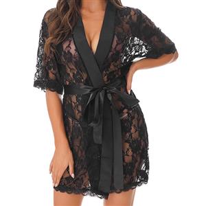 Sexy Black Lace See-through Lace-up Pyjamsa Midi Lingerie N22620