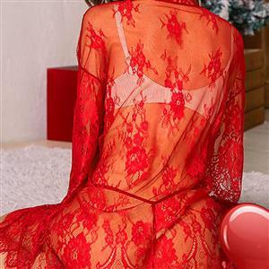 Sexy Red Lace See-through Lace-up Pyjamsa Midi Lingerie N22709