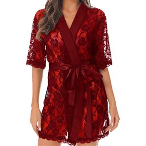 Sexy Red Robe, Sexy Women's Loungewear, Soft Material Robe, Cheap Red Pyjamsa, Sexy Red Floral Lace See-through Lace-up Pyjamsa Mini Lingerie, Valentine's Day Red Lingerie.#N22755