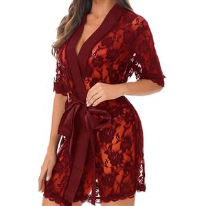 Sexy Red Floral Lace See-through Lace-up Pyjamsa Mini Lingerie N22755