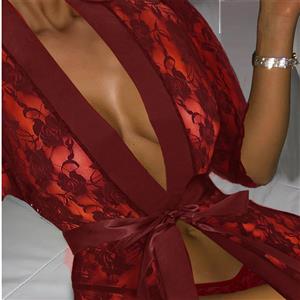 Sexy Red Floral Lace See-through Lace-up Pyjamsa Mini Lingerie N22755