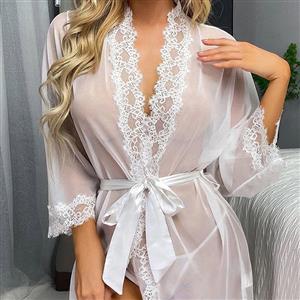 Sexy White Floral Lace Mesh See-through Lace-up Pyjamsa Mini Dress Lingerie N22722