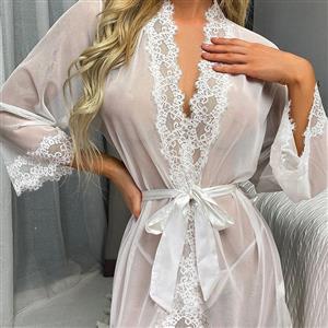 Sexy White Floral Lace Mesh See-through Lace-up Pyjamsa Mini Dress Lingerie N22722