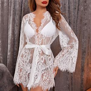 Sexy White Floral Lace See-through Lace-up Pyjamsa Mini Dress Lingerie N23207