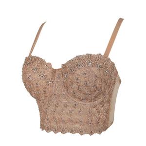 Sexy Khaki Lace Rhinestone Spaghetti Straps Bustier Corset Crop Top N21026