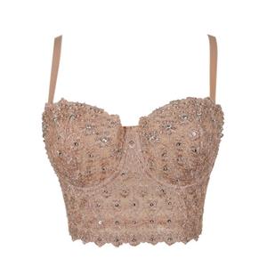 Sexy Khaki Lace Rhinestone Spaghetti Straps Bustier Corset Crop Top N21026