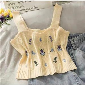 Sexy Yellow Knitted Embroidered Braided Lace Short Tank Knitting Vest Top N21176