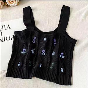 Sexy Black Knitted Embroidered Braided Lace Short Tank Knitting Vest Top N21178