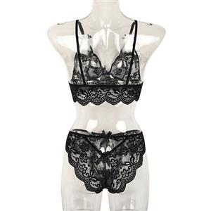 Sexy Black Spaghetti Straps See-through Backless Lace Bra and Thong Lingerie Set N23159