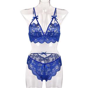 Sexy Blue Spaghetti Straps See-through Backless Lace Bra and Thong Lingerie Set N23161