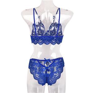 Sexy Blue Spaghetti Straps See-through Backless Lace Bra and Thong Lingerie Set N23161