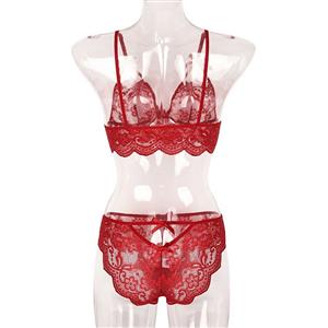 Sexy Wine-red Spaghetti Straps See-through Backless Lace Bra and Thong Lingerie Set N23162