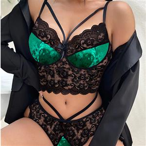 Sexy Green Lace See-through Backless Spaghetti Straps Bra and Thong Lingerie Set N23338