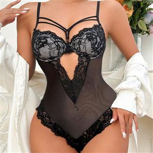 Sexy Black Spaghetti Straps Hollow Out See-through Lace Bodysuit Teddies Lingerie N23211