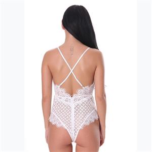 Sexy White Sheer Floral Lace Spaghetti Straps Low-cut Stretchy Teddies Lingerie N18839