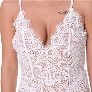 Sexy White Sheer Floral Lace Spaghetti Straps Low-cut Stretchy Teddies Lingerie N18839