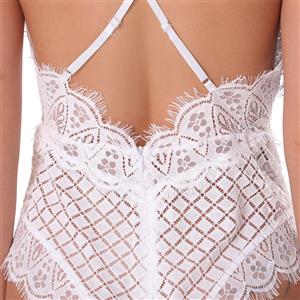 Sexy White Sheer Floral Lace Spaghetti Straps Low-cut Stretchy Teddies Lingerie N18839