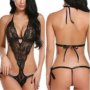 Sexy Floral Lace Halter Strappy Low-cut Bodysuit Teddies Lingerie N18928