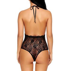 Sexy See-through Floral Lace Halter Low-cut Bodysuit Teddies Lingerie N18930