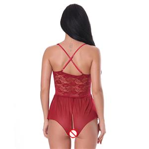 Sexy Sheer Floral Lace Low-cut Cross Back Stretchy Open Crotch Bodysuit Teddies Lingerie N19288