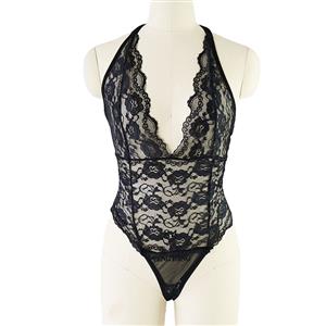 Sexy Sheer Floral Lace Low-cut Back Lace-up Stretchy Backless Bodysuit Teddies Lingerie N19293