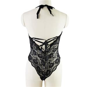 Sexy Sheer Floral Lace Low-cut Back Lace-up Stretchy Backless Bodysuit Teddies Lingerie N19293