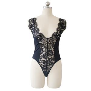 Sexy Black Floral Lace Low-cut See-through High Waist Bodysuit Teddy Lingerie N19258