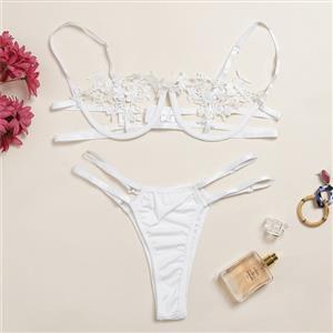 Sexy White Bikini Lace Hollow Out Spaghetti Straps Bra and Thong Lingerie Set N23164
