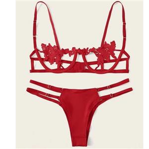Sexy Red Bikini Lace Hollow Out Spaghetti Straps Bra and Thong Lingerie Set N23167